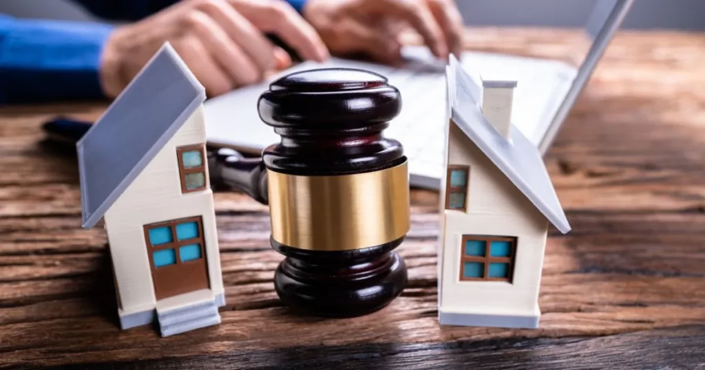 A judges gavel splitting a house in half, symbolizing a divorce.
