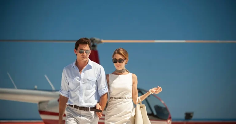 Wealthy couple getting off their helicopter and filing for a high asset divorce
